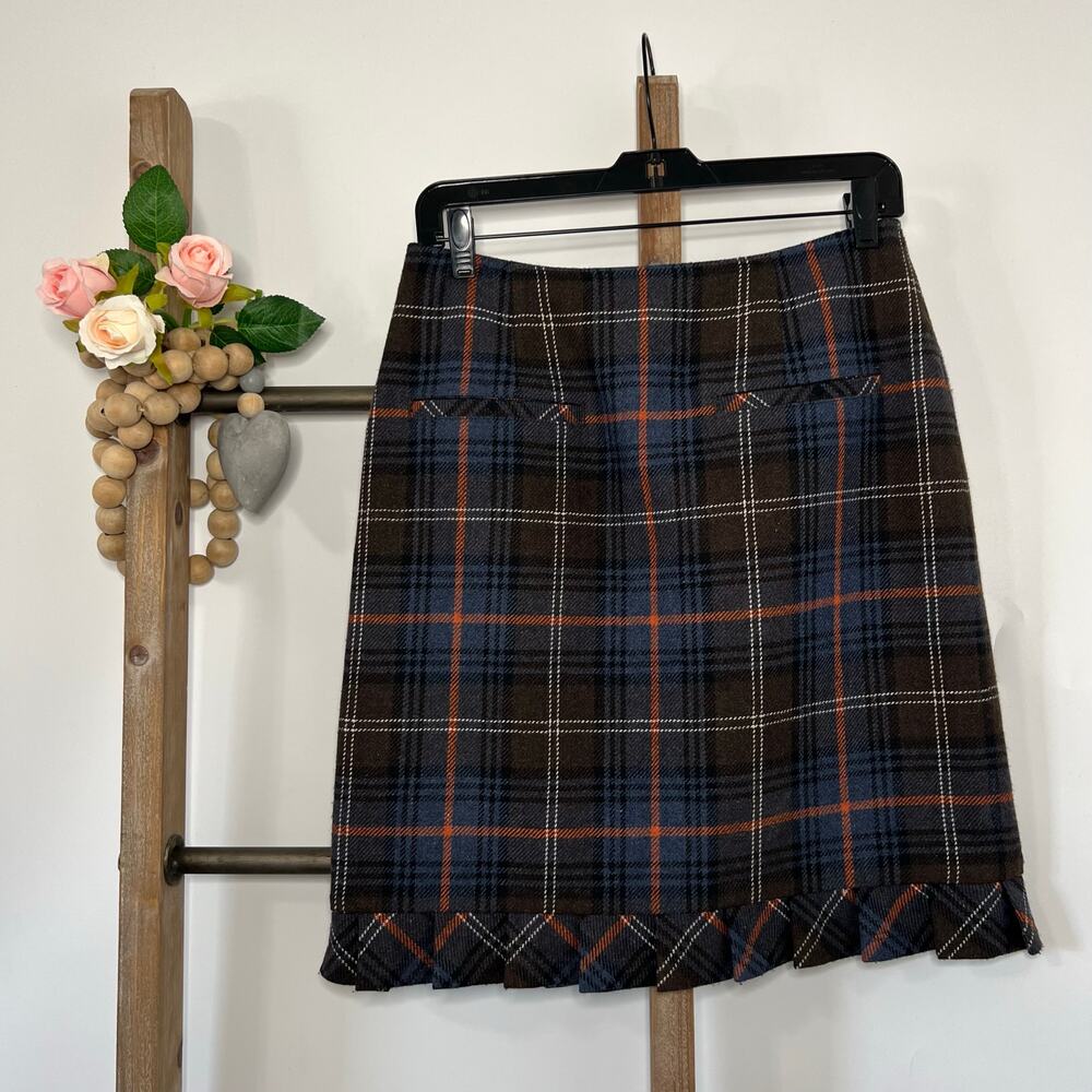 Cabi 742‎ Mini Skirt Wool Blend Brown Plaid Ruffle Size Six